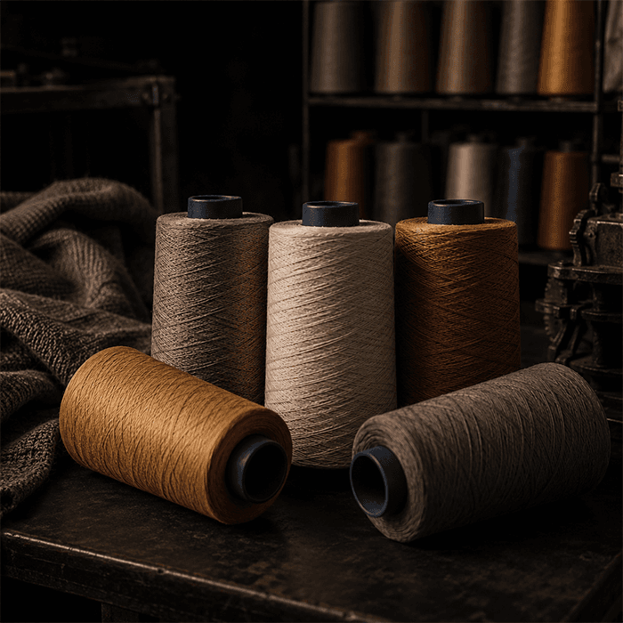 Cones of performance yarn in natural and rust tones