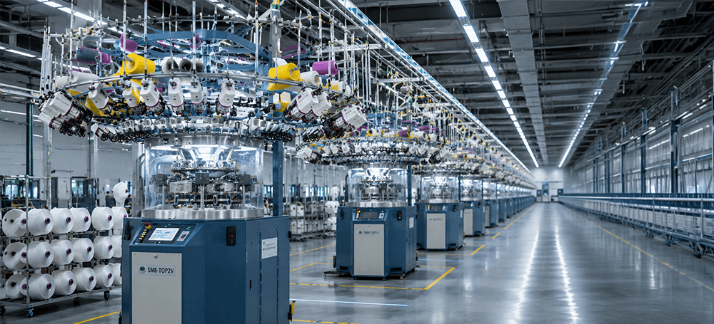 Rows of Santoni SM8-TOP2V circular knitting machines in the manufacturing hall