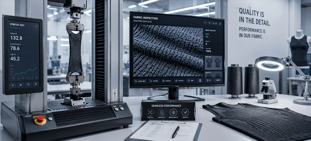 Fabric stretch-test rig and high-precision fabric inspection screen in the quality lab