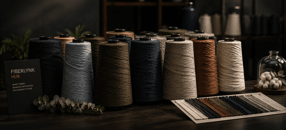 Cones of Fiberlynk performance yarn in a range of colours beside a yarn shade card