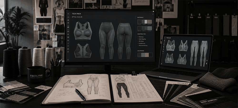 Tech pack for a seamless bra and leggings on screen, with hand sketches, yarn cones and Fiberlynk fabric swatches