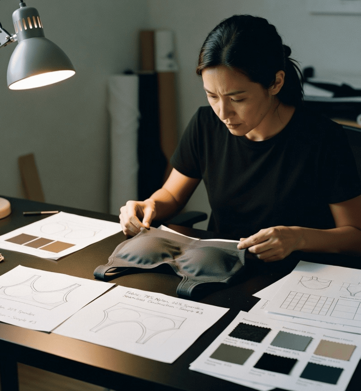 Designer at a lit desk inspecting a seamless sports bra sample beside pattern sketches and colour swatches