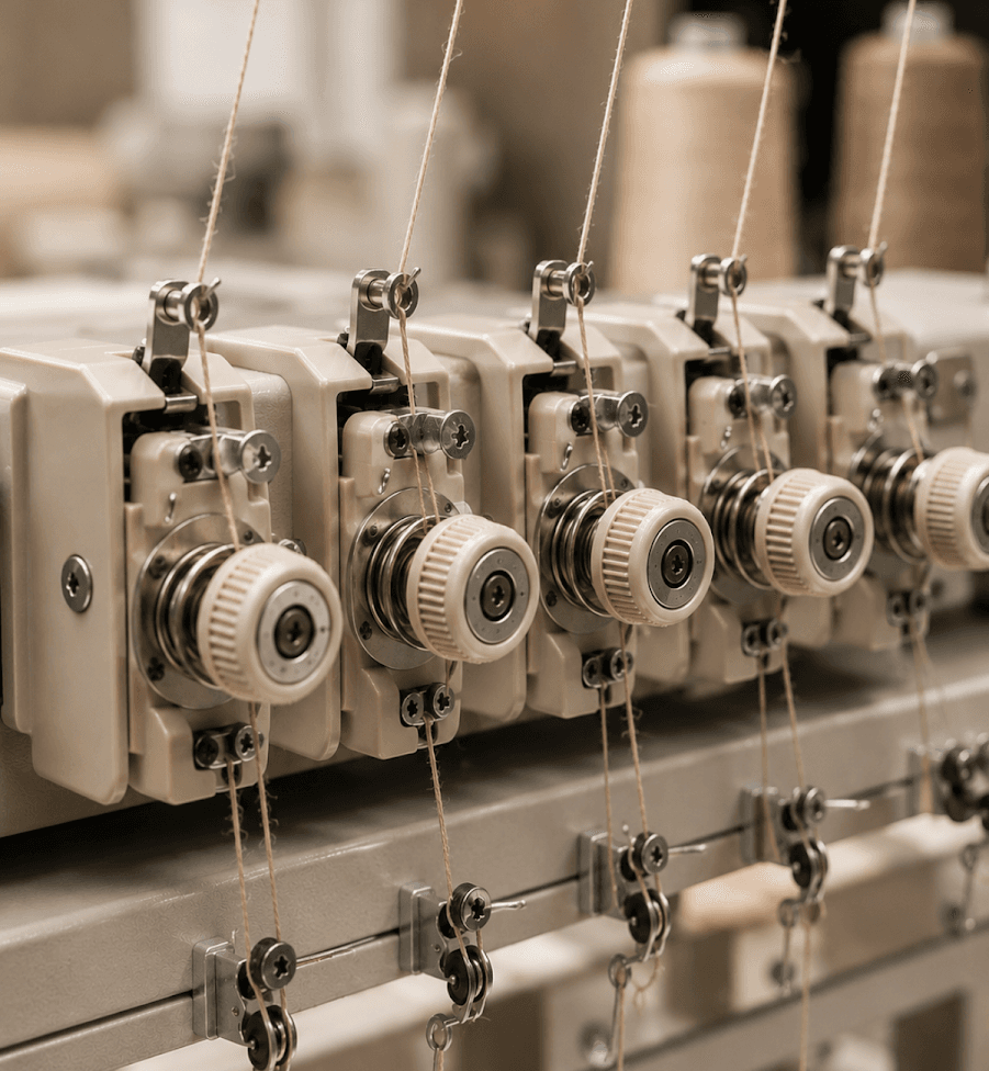 Close-up of yarn tension feeders threading fine yarn on a knitting machine