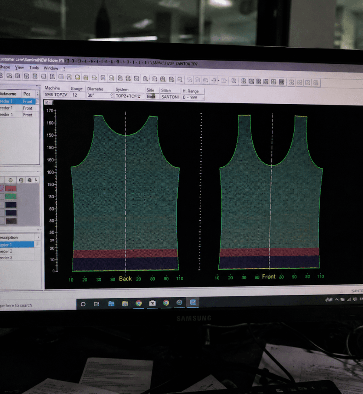 Santoni SM8 TOP2V programming software on screen showing front and back knit structures for a vest